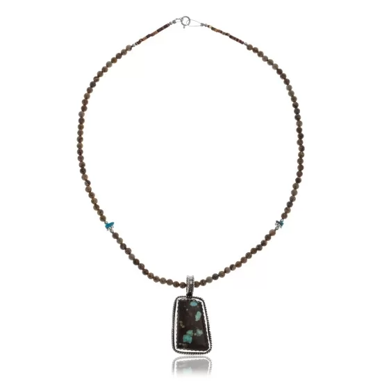 Large Handmade Certified Authentic Navajo .925 Sterling Silver Natural Jasper and Boulder Turquoise Native American Necklace and Pendant 390594947367