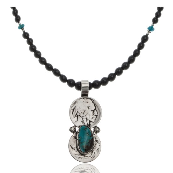Vintage Style Old Buffalo Coin Certified Authentic Navajo .925 Sterling Silver Genuine Turquoise and Smokey Quartz Native American Necklace and Pendant 370983525279