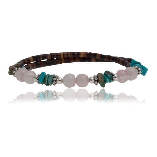 Certified Authentic Navajo Turquoise and Pink Quartz Native American Wrap Bracelet 12733-1