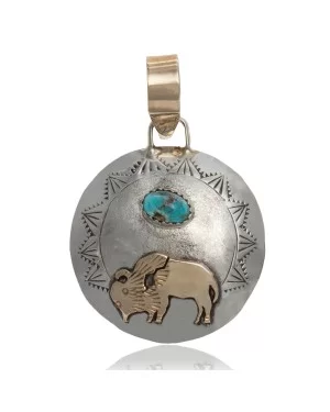 Buffalo 12kt Gold Filled and .925 Sterling Silver Certified Authentic Handmade Navajo Native American Natural Turquoise Pendant 24530