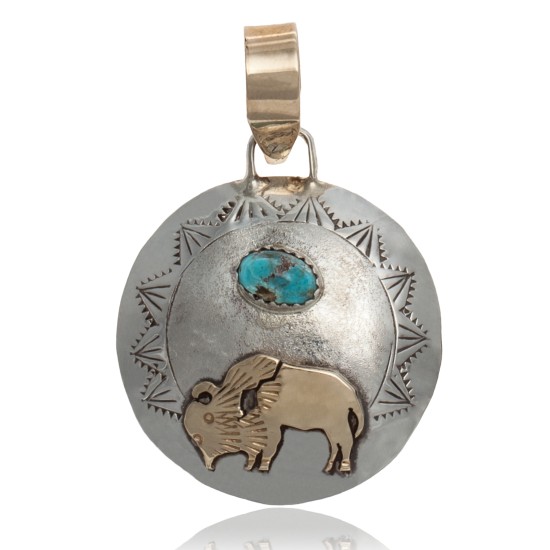 Buffalo 12kt Gold Filled and .925 Sterling Silver Certified Authentic Handmade Navajo Native American Natural Turquoise Pendant 24530 Pendants NB1601072224530 24530 (by LomaSiiva)