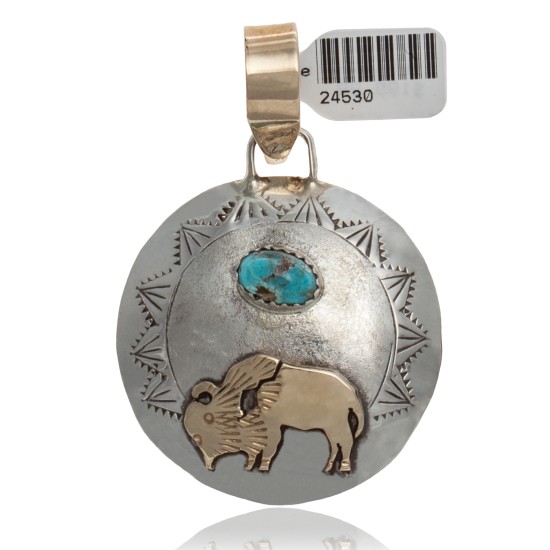 Buffalo 12kt Gold Filled and .925 Sterling Silver Certified Authentic Handmade Navajo Native American Natural Turquoise Pendant 24530 Pendants NB1601072224530 24530 (by LomaSiiva)