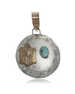 Turtle 12kt Gold Filled and .925 Sterling Silver Certified Authentic Handmade Navajo Native American Natural Turquoise Pendant 24532