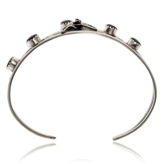 Handmade Certified Authentic Navajo .925 Sterling Silver Natural Black Onyx Native American Flower Cuff Bracelet 12946-4