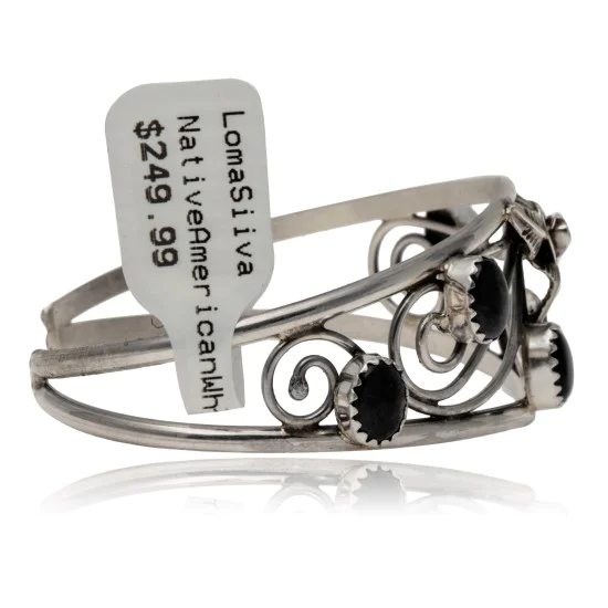 Handmade Certified Authentic Navajo .925 Sterling Silver Natural Black Onyx Native American Flower Cuff Bracelet 12946-4