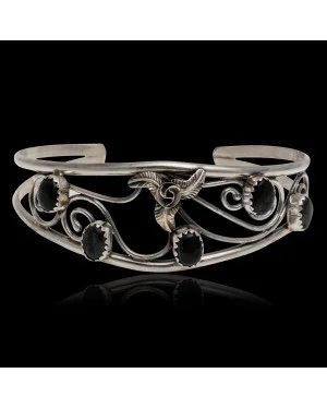 Handmade Certified Authentic Navajo .925 Sterling Silver Natural Black Onyx Native American Flower Cuff Bracelet 12946-4 Handmade Certified Authentic Navajo .925 Sterling Silver Natural Black Onyx Native American Flower Cuff Bracelet 12946-4