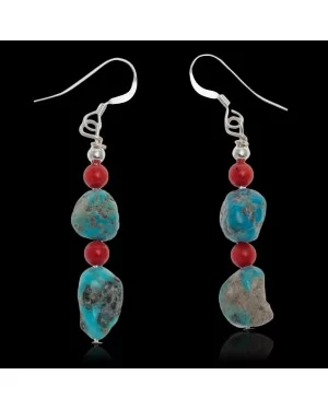 Natural Turquoise and Coral .925 Sterling Silver Hooks Certified Authentic Navajo Native American Dangle Earrings 27277 Natural Turquoise and Coral .925 Sterling Silver Hooks Certified Authentic Navajo Native American Dangle Earrings 27277