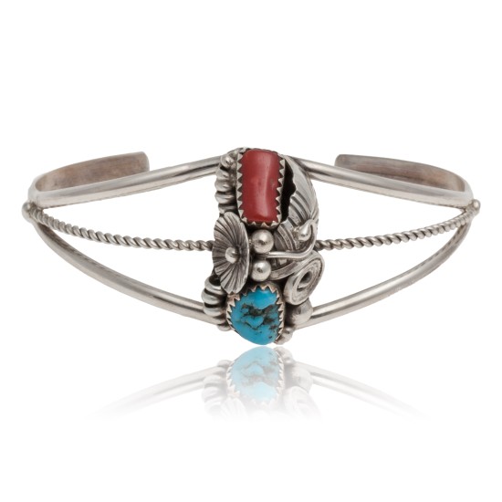 Handmade Certified Authentic Navajo .925 Sterling Silver Natural Turquoise and Coral Native American Cuff Bracelet 13023