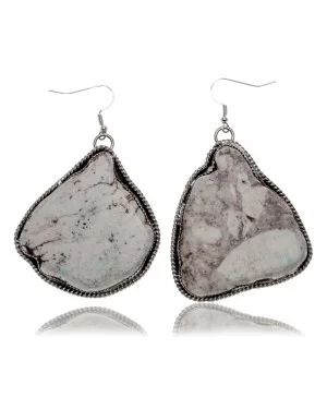 Huge White Howlite .925 Sterling Silver Certified Authentic Navajo Native American Dangle Earrings 27280