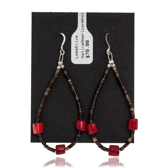 Coral .925 Sterling Silver Certified Authentic Navajo Native American Hoop Dangle Earrings 27281