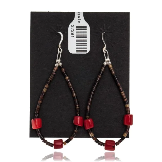 Coral .925 Sterling Silver Certified Authentic Navajo Native American Hoop Dangle Earrings 27281