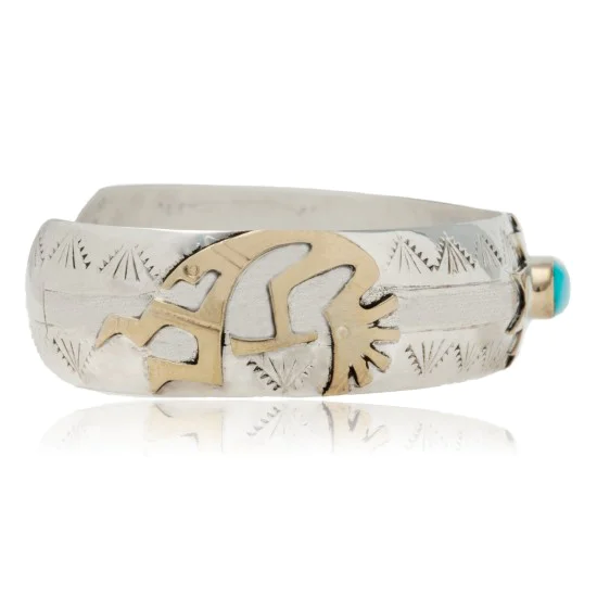 12kt Gold Filled and .925 Sterling Silver Handmade Kokopelli Certified Authentic Navajo Turquoise Native American Bracelet 390800679712
