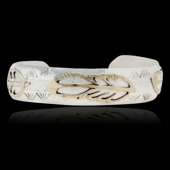 12kt Gold Filled and .925 Sterling Silver Certified Authentic Feather Handmade Navajo Native American Cuff Bracelet 13094-5 12kt Gold Filled and .925 Sterling Silver Certified Authentic Feather Handmade Navajo Native American Cuff Bracelet 13094-5