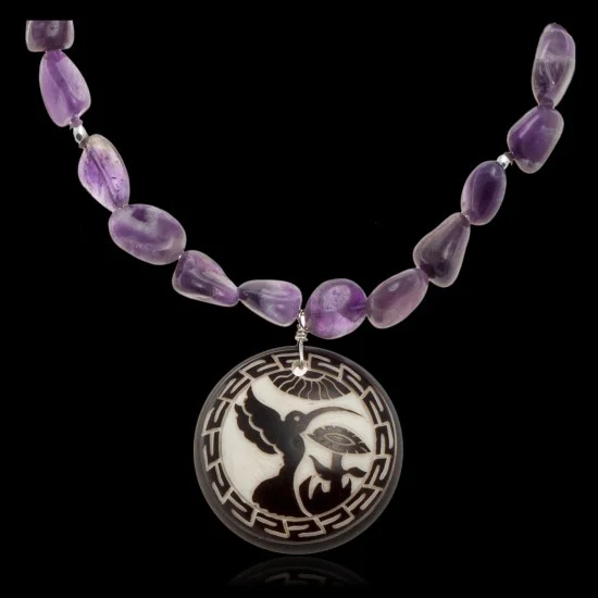 Hummingbird .925 Sterling Silver Certified Authentic Navajo Native American Natural Amethyst Necklace 25519 Hummingbird .925 Sterling Silver Certified Authentic Navajo Native American Natural Amethyst Necklace 25519