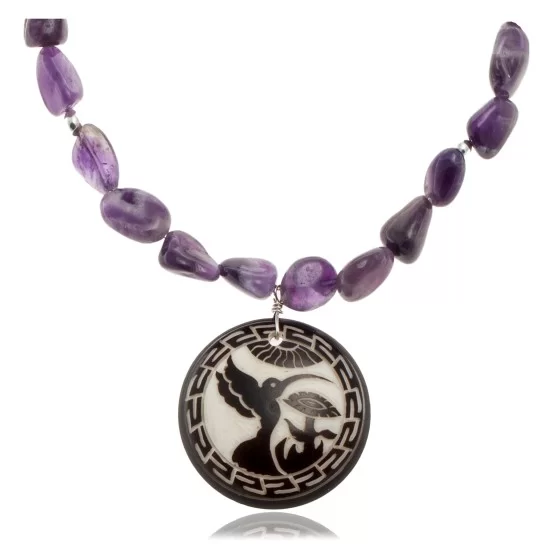 Hummingbird .925 Sterling Silver Certified Authentic Navajo Native American Natural Amethyst Necklace 25519 Hummingbird .925 Sterling Silver Certified Authentic Navajo Native American Natural Amethyst Necklace 25519