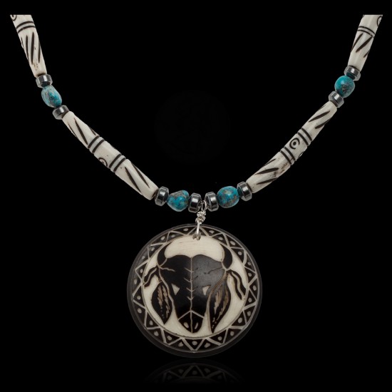 Bull Skull and Feather .925 Sterling Silver Certified Authentic Navajo Native American Natural Turquoise and Bone Necklace 25521 All Products NB848909285521 25521 (by LomaSiiva)