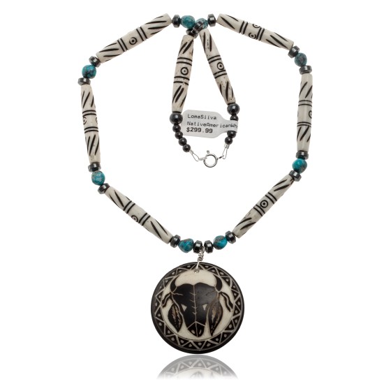 Bull Skull and Feather .925 Sterling Silver Certified Authentic Navajo Native American Natural Turquoise and Bone Necklace 25521 All Products NB848909285521 25521 (by LomaSiiva)