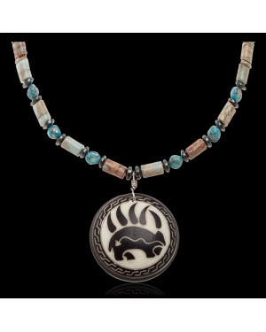 Bear and Bear Paw .925 Sterling Silver Certified Authentic Navajo Native American Natural Turquoise and Jasper Necklace 25523 Bear and Bear Paw .925 Sterling Silver Certified Authentic Navajo Native American Natural Turquoise and Jasper Necklace 25523