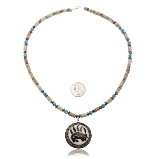 Bear and Bear Paw .925 Sterling Silver Certified Authentic Navajo Native American Natural Turquoise and Jasper Necklace 25523 All Products NB848909285523 25523 (by LomaSiiva)