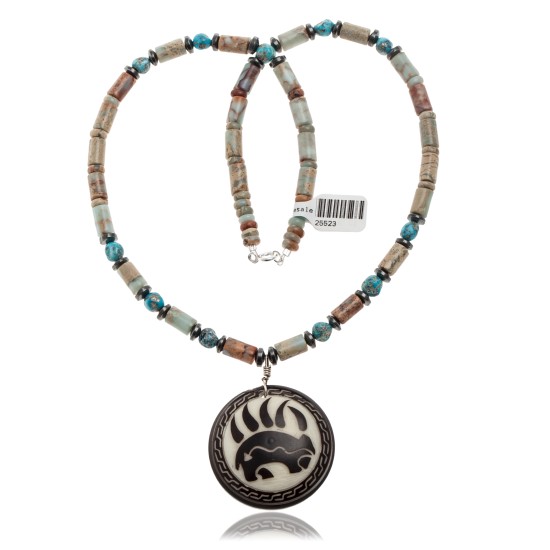 Bear and Bear Paw .925 Sterling Silver Certified Authentic Navajo Native American Natural Turquoise and Jasper Necklace 25523 All Products NB848909285523 25523 (by LomaSiiva)