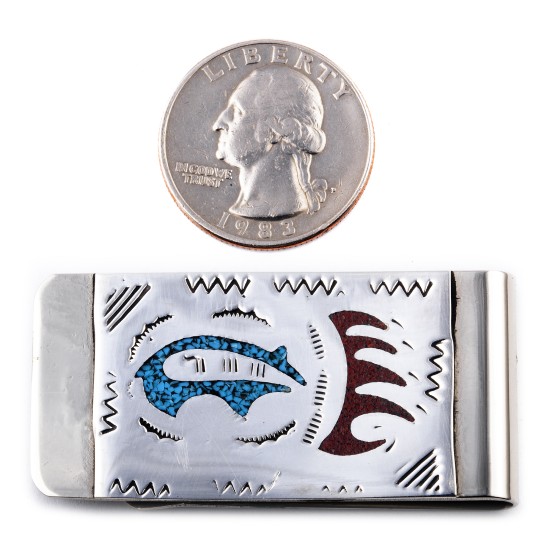 Sterling Silver Navajo Indian Coral Bear Paw Money Clip 