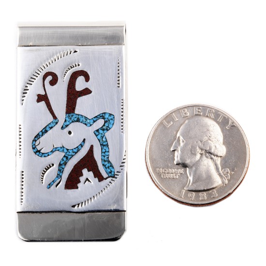 Deer .925 Sterling Silver Ray Begay Certified Authentic Handmade Navajo Native American Natural Turquoise Coral Money Clip 11253-12