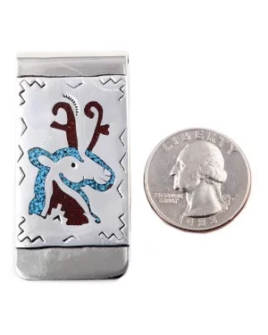 Deer .925 Sterling Silver Ray Begay Certified Authentic Handmade Navajo Native American Natural Turquoise Coral Money Clip 11253-5 Deer .925 Sterling Silver Ray Begay Certified Authentic Handmade Navajo Native American Natural Turquoise Coral Money Clip 11253-5