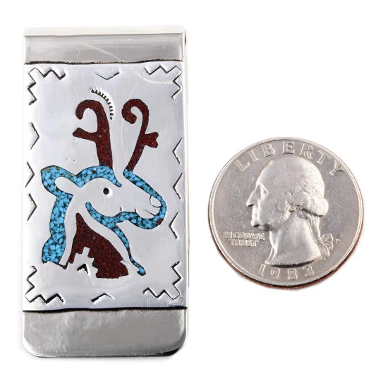 Deer .925 Sterling Silver Ray Begay Certified Authentic Handmade Navajo Native American Natural Turquoise Coral Money Clip 11253-5 Deer .925 Sterling Silver Ray Begay Certified Authentic Handmade Navajo Native American Natural Turquoise Coral Money Clip 11253-5