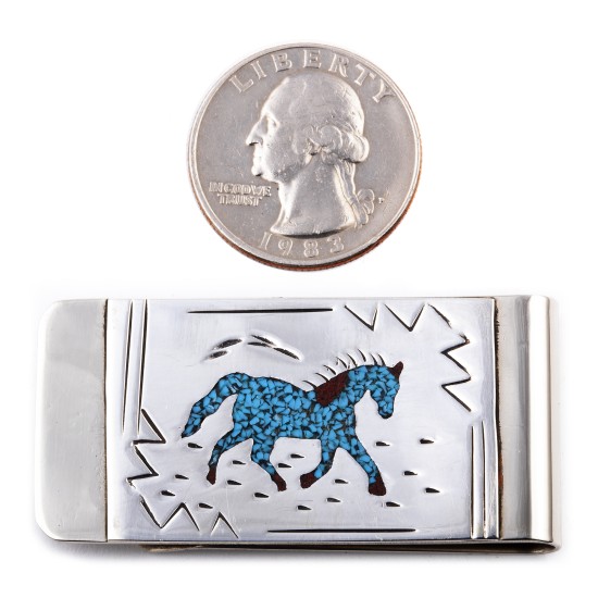 Horse .925 Sterling Silver Ray Begay Certified Authentic Handmade Navajo Native American Natural Turquoise Coral Money Clip 11253-11