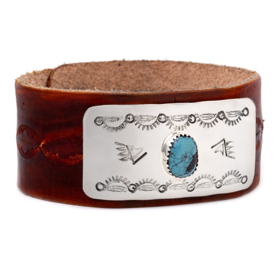 Handmade Leather Bear paw Feather Certified Authentic Navajo Natural Turquoise Native American Bracelet 12848-1