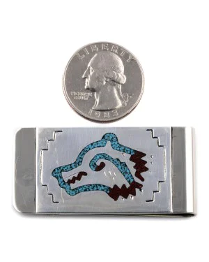 Wolf Head .925 Sterling Silver Certified Authentic Handmade Navajo Native American Natural Turquoise Coral Money Clip 11253-15 Wolf Head .925 Sterling Silver Certified Authentic Handmade Navajo Native American Natural Turquoise Coral Money Clip 11253-15
