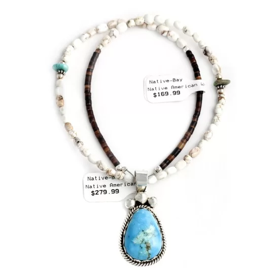 Drop .925 Sterling Silver Certified Authentic Handmade Navajo Native American Natural Turquoise Necklace And Pendant 390682203299