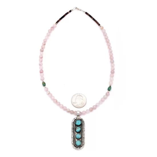 Sun .925 Sterling Silver Certified Authentic Handmade Navajo Native American Natural Turquoise And Rose Quartz Necklace And Pendant   370929328033