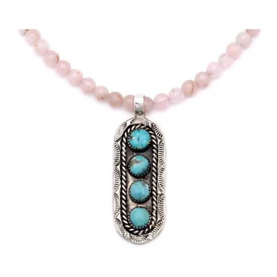 Sun .925 Sterling Silver Certified Authentic Handmade Navajo Native American Natural Turquoise And Rose Quartz Necklace And Pendant   370929328033