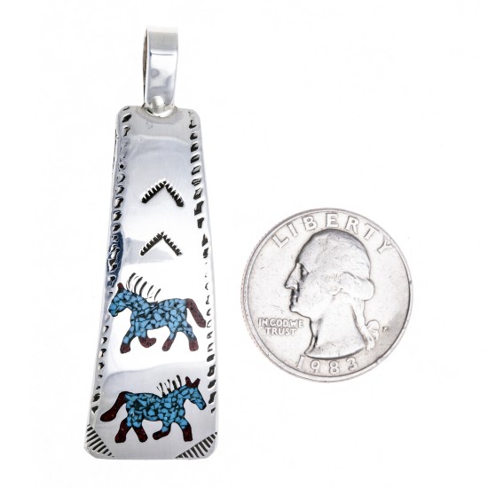 Horse .925 Starling Silver Certified Authentic Handmade Navajo Native American Natural Turquoise Coral Pendent  24541-2 Pendants NB180602181530 24541-2 (by LomaSiiva)