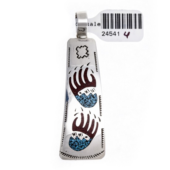 Bear Paw .925 Starling Silver Certified Authentic Handmade Navajo Native American Natural Turquoise Coral Pendent  24541-4