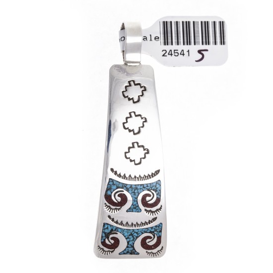 Thunderbird .925 Starling Silver Certified Authentic Handmade Navajo Native American Natural Turquoise Coral Pendent  24541-5 Pendants NB180602181533 24541-5 (by LomaSiiva)