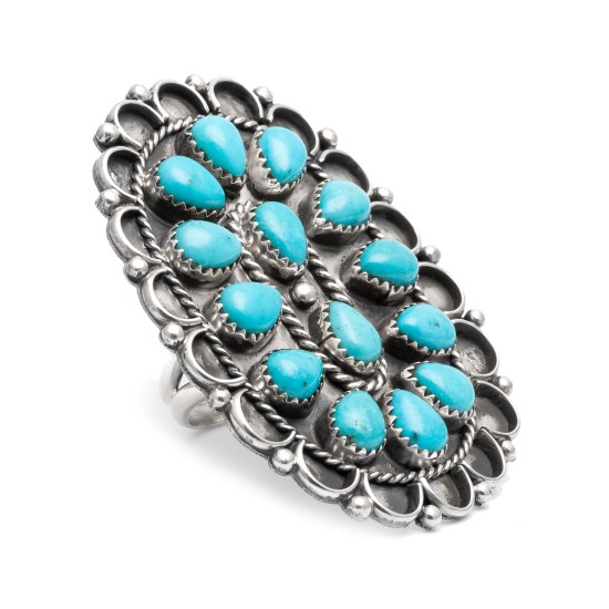 Drop .925 Sterling Silver Certified Authentic Handmade Petit Point Navajo Native American Natural Turquoise Ring  17008