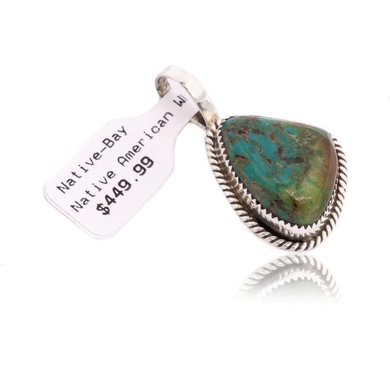 .925 Sterling Silver Certified Authentic Handmade Navajo Native American Natural Turquoise Delicate Pendant 15908-91