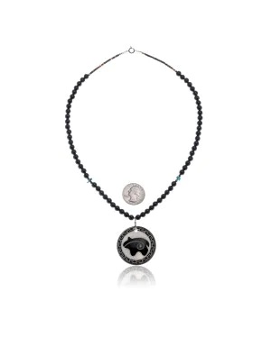 Bear .925 Sterling Silver Certified Authentic Navajo Native American Natural Turquoise Black Onyx Necklace 11051-3 Bear .925 Sterling Silver Certified Authentic Navajo Native American Natural Turquoise Black Onyx Necklace 11051-3