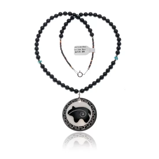 Bear .925 Sterling Silver Certified Authentic Navajo Native American Natural Turquoise Black Onyx Necklace 11051-3 Bear .925 Sterling Silver Certified Authentic Navajo Native American Natural Turquoise Black Onyx Necklace 11051-3
