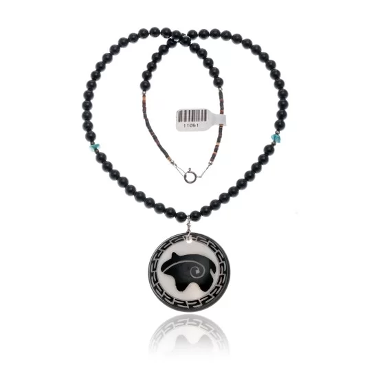 Bear .925 Sterling Silver Certified Authentic Navajo Native American Natural Turquoise Black Onyx Necklace 11051-3 Bear .925 Sterling Silver Certified Authentic Navajo Native American Natural Turquoise Black Onyx Necklace 11051-3