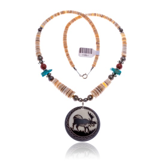 Elk .925 Sterling Silver Certified Authentic Navajo Native American Natural Turquoise Red Jasper Graduated Melon Shell Necklace 11051 All Products NB1809262232256 11051 (by LomaSiiva)