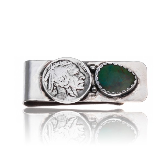  Natural Turquoise .925 Sterling Silver and Nickel Certified Authentic Navajo Native American Handmade Vintage Style Old Buffalo Coin Money Clip 11248-2