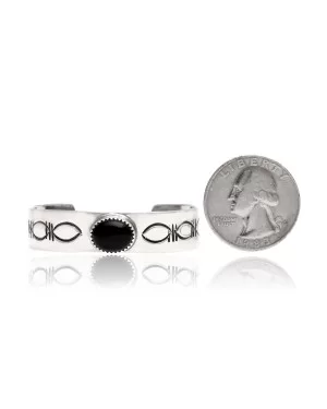 Black Onyx .925 Sterling Silver Certified Authentic Navajo Native American Handmade Baby Cuff Bracelet 12483-100