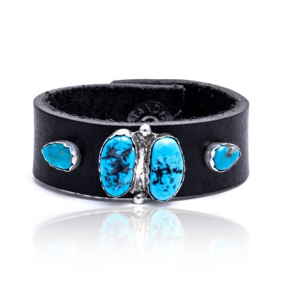 Natural Turquoise .925 Sterling Silver Certified Authentic Navajo Native American Handmade Leather Bracelet 12835-2