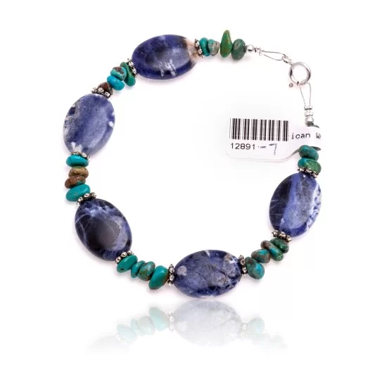 .925 Sterling Silver Certified Authentic Navajo Native American Natural Turquoise and Lapis Link Bracelet 12891-7 .925 Sterling Silver Certified Authentic Navajo Native American Natural Turquoise and Lapis Link Bracelet 12891-7