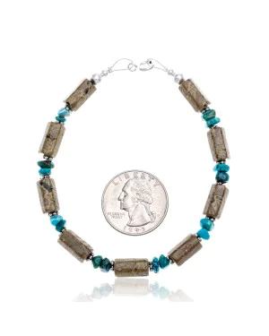 Natural Turquoise and Green Jasper .925 Sterling Silver Certified Authentic Navajo Native American Link Bracelet 12892-1