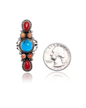 Natural Turquoise Red Spiny Oyster Orange Spiny Oyster .925 Sterling Silver Certified Authentic Navajo Native American Handmade Ring 13210-1 Natural Turquoise Red Spiny Oyster Orange Spiny Oyster .925 Sterling Silver Certified Authentic Navajo Native American Handmade Ring 13210-1