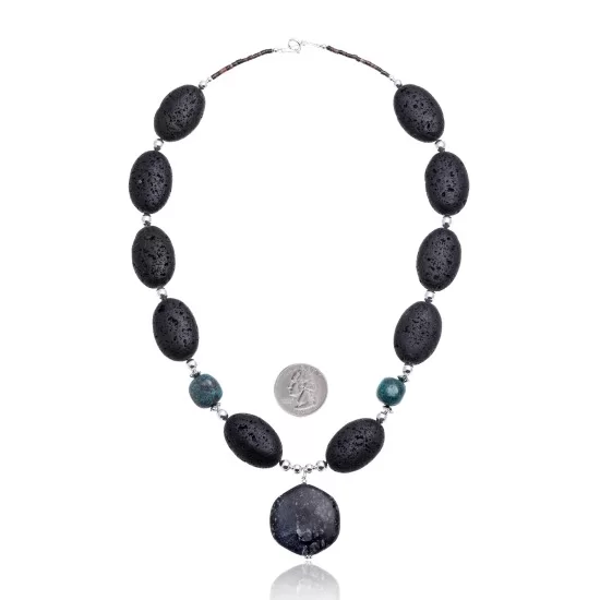 Natural Turquoise and Jasper .925 Sterling Silver Certified Authentic Navajo Native American Necklace 15409-39